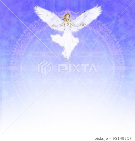フラワーオブライフと七芒星の星々を背景に白い羽根とドレスの天使のイラスト素材 フラワーオブライフと七芒星の星々を背景に白い羽根とドレスの天使のイラスト素材 95149517
