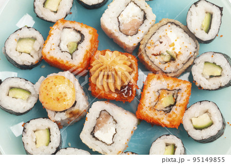 Sushi rolls japanese food on a plate top view 95149855