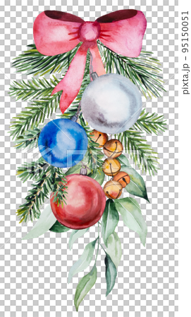 Christmas Watercolor arrangement with fir tree branches, baubles, bells and ribbon bow illustration 95150051