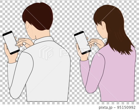 Back view of men and women looking at smartphones 95150992