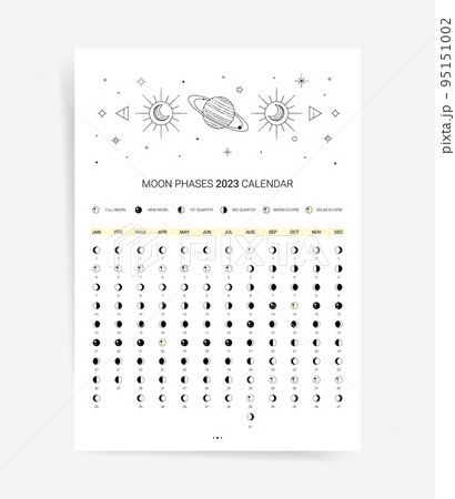 One page 2023 moon calendar planner. Modern Minimal lunar agenda calendar 2023 poster template design. Vector astronomy design with space element, stars and planets. One page 2023 moon calendar planner. Modern Minimal lunar agenda calendar 2023 poster template design. Vector astronomy design with space element, stars and planets. 95151002