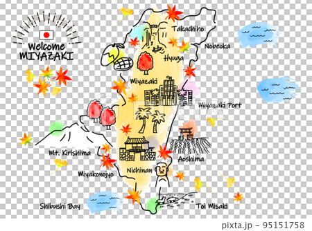 秋の宮崎県の観光地のシンプル線画イラストマップ 95151758