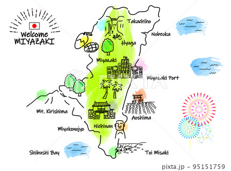 手描きの宮崎県の観光地のシンプル線画イラストマップ 95151759