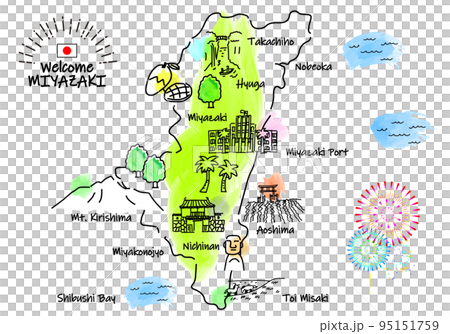 手描きの宮崎県の観光地のシンプル線画イラストマップ 95151759