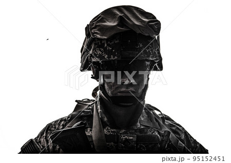 Shoulder portrait of modern army infantry soldier with dirty face in digital camouflage battle uniform, combat helmet, tactical sunglasses looking at camera desaturated, isolated on white background 95152451