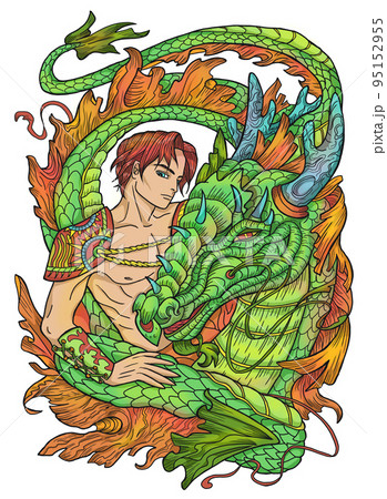 Colorful illustration with fantasy dragon and handsome warrior character boy, hero man or prince isolated on white, manga cartoon style Colorful illustration with fantasy dragon and handsome warrior character boy, hero man or prince isolated on white, manga cartoon style 95152955