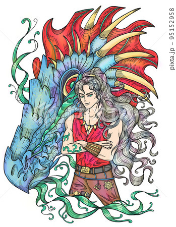 Colorful illustration with fantasy dragon and handsome warrior character boy, hero man or prince isolated on white, manga cartoon style 95152958