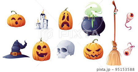 Witch outfit on isolated background and pumpkins with carved faces. Broom, potion cauldron, hat, eyes, pumpkin. Magic, Halloween. Vector cartoon illustration. Witch outfit on isolated background and pumpkins with carved faces. Broom, potion cauldron, hat, eyes, pumpkin. Magic, Halloween. Vector cartoon illustration. 95153588