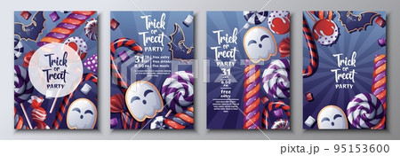 Vector set of Halloween party invitations or greeting cards with candies, lollipops.Ghost and Bat Cookies Vector set of Halloween party invitations or greeting cards with candies, lollipops.Ghost and Bat Cookies 95153600