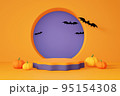3D rendering orange and purple product display stand with pumpkins and flying bats on orange background. Happy Halloween theme. 95154308