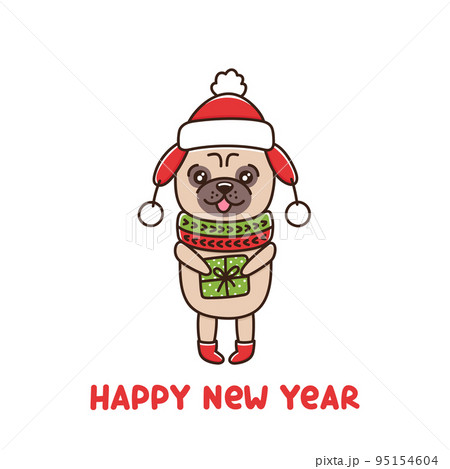 Cute dog breed pug in hat and scarf, is holding a gift Cute dog breed pug in hat and scarf, is holding a gift 95154604