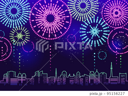 ネオンカラーに輝く花火が上がる都市風景のイラスト 95156227