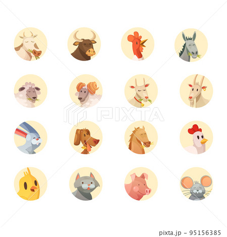 Farm Animals Heads Round Icons Collection 95156385