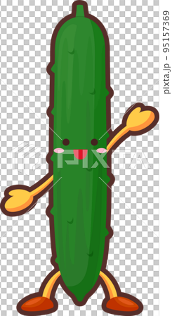 舉起一隻手的可愛黃瓜角色的插圖 95157369