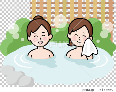 A woman entering a hot spring 95157669
