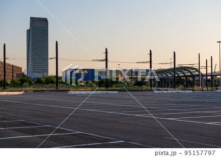 Ghent, East Flanders Region, Belgium - Empty parking lot and Ikea store at the Flanders expo site 95157797
