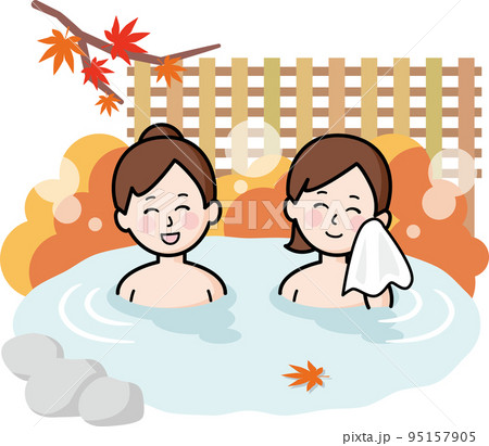 紅葉の温泉に入る女性 95157905