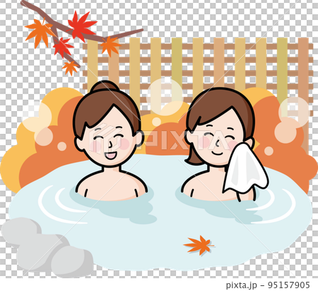 紅葉の温泉に入る女性 95157905