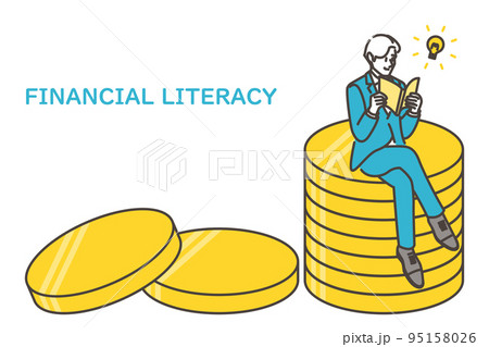 節約の為お金の勉強をしてマネーリテラシーを高めるビジネスマン【ベクターイラスト素材】 95158026