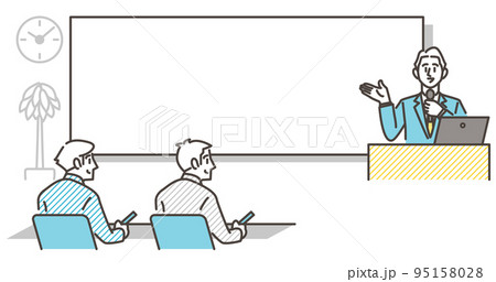 ビジネス研修のセミナーで説明する男性講師とコピースペース【ベクターイラスト素材】 ビジネス研修のセミナーで説明する男性講師とコピースペース【ベクターイラスト素材】 95158028