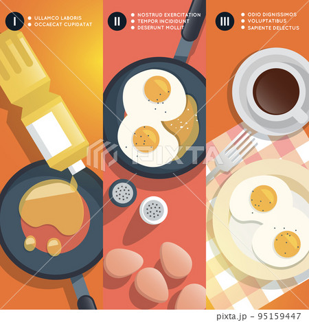 Frying scrambled eggs cooking instruction. Vector illustration 95159447