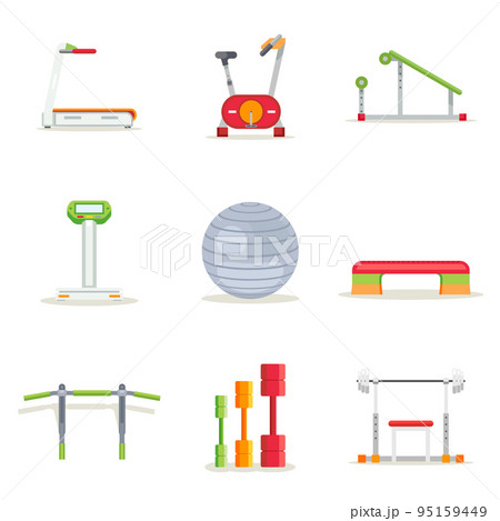 Fitness gym exercise equipment for workout in flat style. Vector icons set 95159449