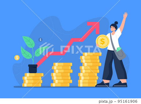 Financial growth concept. The stock market grows up, profits, and successful investing. A woman earns and saves money and invests earnings. Vector flat illustration on the background. Financial growth concept. The stock market grows up, profits, and successful investing. A woman earns and saves money and invests earnings. Vector flat illustration on the background. 95161906