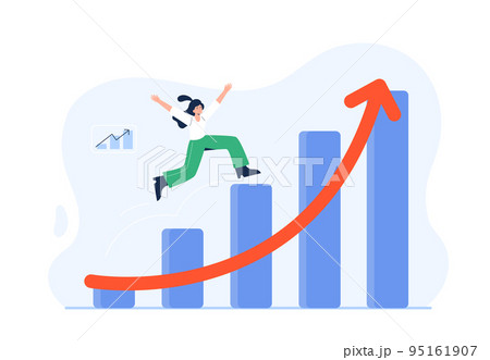 Economic growth concept. The stock market grows up, profits, and successful investing. A woman jumps up on the growing economic graph. Vector flat illustration isolated on the white background. 95161907