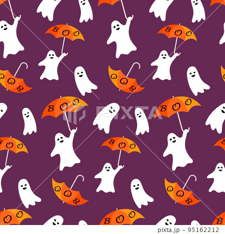 Seamless Halloween pattern of cute funny cartoon ghosts dancing with orange umbrellas on a purple background. Spooky background for Halloween celebration, textiles, wallpapers, wrapping paper. Seamless Halloween pattern of cute funny cartoon ghosts dancing with orange umbrellas on a purple background. Spooky background for Halloween celebration, textiles, wallpapers, wrapping paper. 95162212