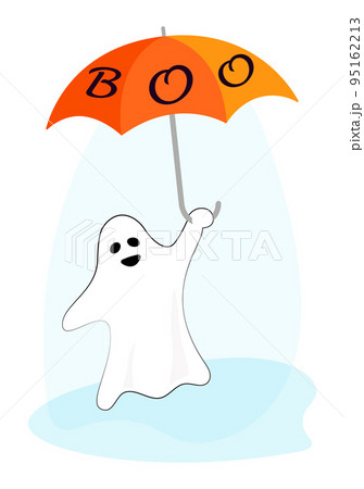 Halloween clipart of cute funny cartoon ghost with Boo, orange umbrella on an isolated background. Spooky background for Halloween celebration, textiles, wall papers, wrapping paper, scrapbooking. 95162213