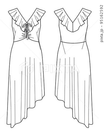 Vector summer dress fashion CAD, woman asymmetric hem chic dress technical drawing, volant detailed dress fashion flat, template, sketch 95162592