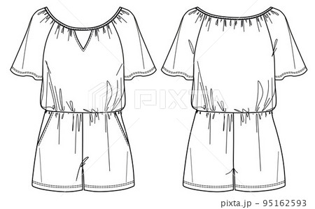 Vector round neck playsuit fashion CAD, woman short sleeved jumpsuit with pockets technical drawing, template, sketch, flat, mockup. Jersey or woven fabric jumpsuit, white color 95162593