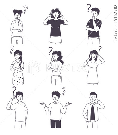 Question with Thoughtful Man and Woman Scratching Head over Riddle Vector Set Question with Thoughtful Man and Woman Scratching Head over Riddle Vector Set 95162782