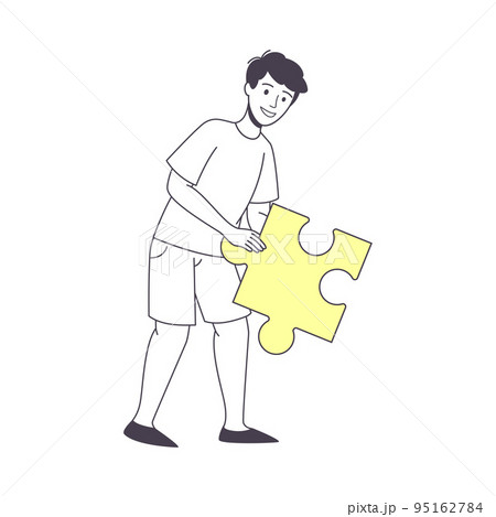Smiling Man Holding Yellow Jigsaw Puzzle as Mosaiced Piece for Logical Game Vector Illustration Smiling Man Holding Yellow Jigsaw Puzzle as Mosaiced Piece for Logical Game Vector Illustration 95162784