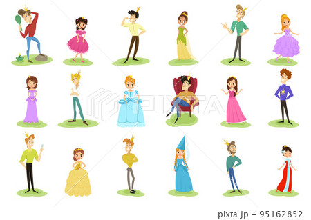 Smiling Prince and Princess Wearing Crown and Dressy Look Garment Vector Illustration Set Smiling Prince and Princess Wearing Crown and Dressy Look Garment Vector Illustration Set 95162852