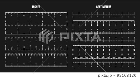 Realistic white centimeter and inch scale for measuring length or height. Various measurement scales with divisions. Ruler, tape measure marks, size indicators. Vector illustration 95163120