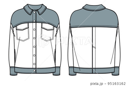 Vector woman denim jacket fashion CAD, oversized long sleeved shirt jacket technical drawing, denim jacket with button details template, sketch, flat 95163162