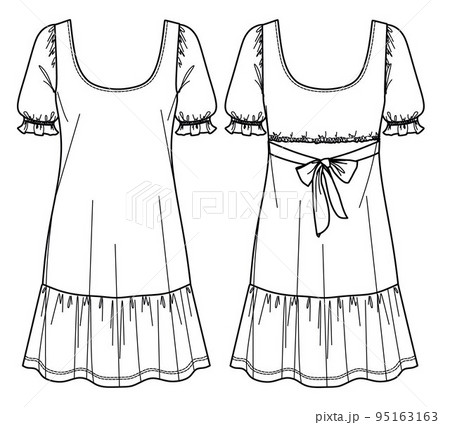 Vector short sleeved dress fashion CAD, woman round neck mini dress with opened back detail technical drawing, template, flat, sketch. Jersey or woven fabric dress with front, back view, white color 95163163