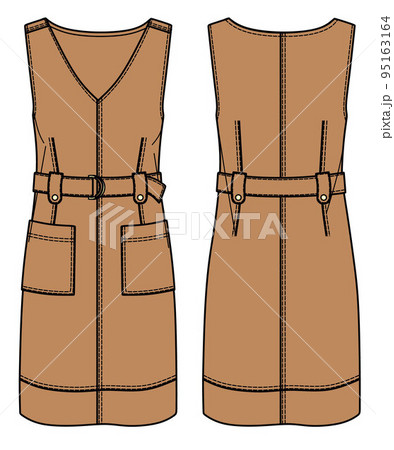 Vector summer v neck dress fashion CAD, woman mini dress with belt and pockets technical drawing, template, flat, sketch. Jersey or woven fabric dress with front, back view, white 95163164