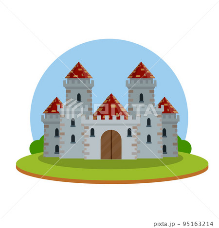 Castle with towers and walls. Defense construction. Medieval European architecture. Home of knight and king. Protection and security. Flat Icon for app and game 95163214