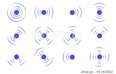 Set echo sonar waves. Blue radar symbols on sea and ultrasonic signal reflection. Collection icon detect and scan vibration or water. Round pulsating circle wave system vector illustration concept 95163882