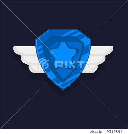 Game achievement badge or rank icon cartoon. Blue award or medal reward. Level up coin with star and element for ui asset. Trophy symbol vector illustration Game achievement badge or rank icon cartoon. Blue award or medal reward. Level up coin with star and element for ui asset. Trophy symbol vector illustration 95163944