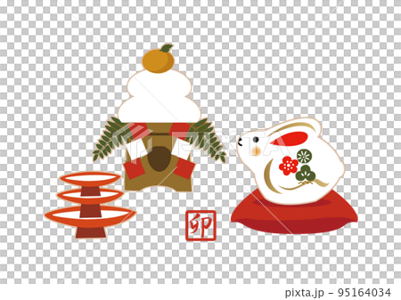 新年的插圖素材。兔年圖標。日本模式兔子字符。幸運物品。新年賀卡。過年的栗子 95164034