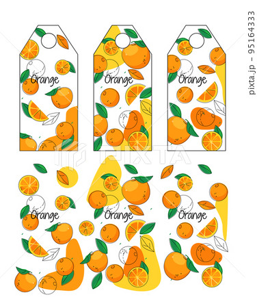 Pattern for creating orange flavor tags. An example of finished tags and a pattern. Cartoon doodle style, vector illustration. 95164333
