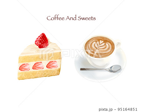 喫茶店ーいちごのショートケーキとキャラメルラテのイラストセットー手描き素材 喫茶店ーいちごのショートケーキとキャラメルラテのイラストセットー手描き素材 95164851