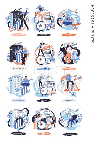 Personal quality concept vector illustrations set. Confidence, accountability and discipline. Creative metaphor 95165364
