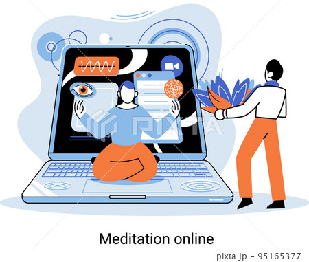 Meditation online metaphor. Practicing yoga, mental exercises. Wellness practice to restore peace of mind Meditation online metaphor. Practicing yoga, mental exercises. Wellness practice to restore peace of mind 95165377