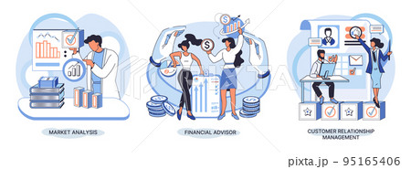 Market statistics analysis metaphor, financial advisor, customer relationship management business themes set 95165406