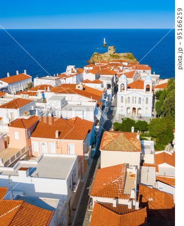 View of Chora town on the beautiful Andros island in Cyclades, Greece, Europe 95166259