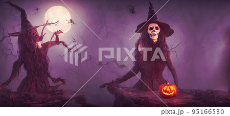 Halloween background. Scary Zombie Witch. Banner size. 3d Halloween background. Scary Zombie Witch. Banner size. 3d 95166530